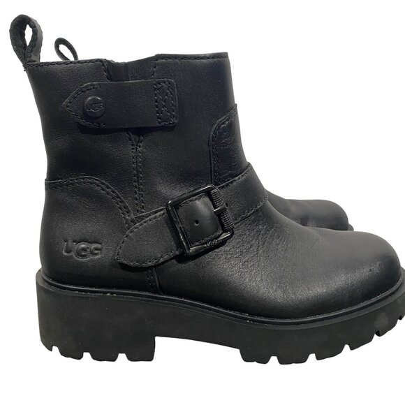 Ugg Saoirse Womens Black Leather platform lug sole waterproof Moto Ankle Boots 6 - Picture 1 of 9